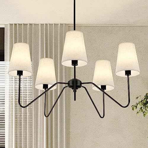 5-Light Modern Chandeliers, 30" Black Farmhouse Light Fixture | Linen Beige Fabric Shade, Adjustable Hanging Lights for Living Room, Bedroom, Hallway, Entryway, Kitchen Island, E12