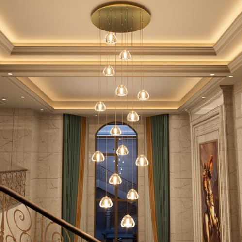 LED Glam Chandelier 118 inches Long Light Luxury Crystal Ceiling Chandeliers Remote Dimmable High Ceiling Pendants Lighting Fixtures Antique Gold 15 Lights