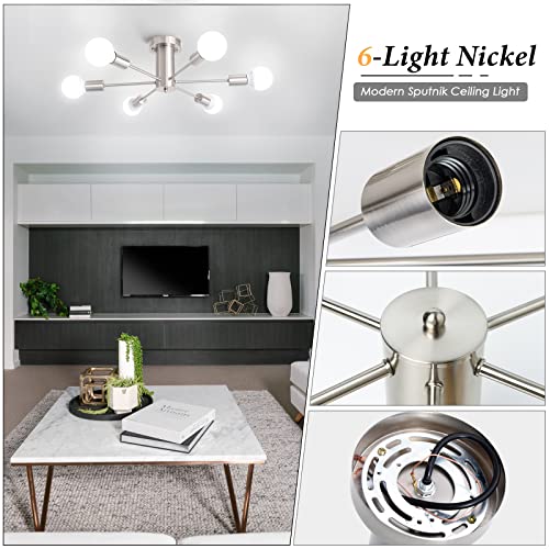 Kitchen Light Fixtures 6 Lights Ceiling Lights Fixture Nickel Modern Semi Flush Mount Lighting Sputnik Chandelier for Bedroom Dining Room Hallway