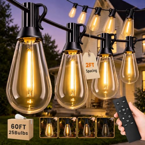 60FT(50+10) Outdoor String Lights, 2FT Spacing 25 LED Edison Bulbs, Waterproof, Shatterproof, Dimmable, Warm White, 3 Modes, Timer, Plug in Hanging Backyard Lights for Outside, Patio (50+10FT(25 Sockets))
