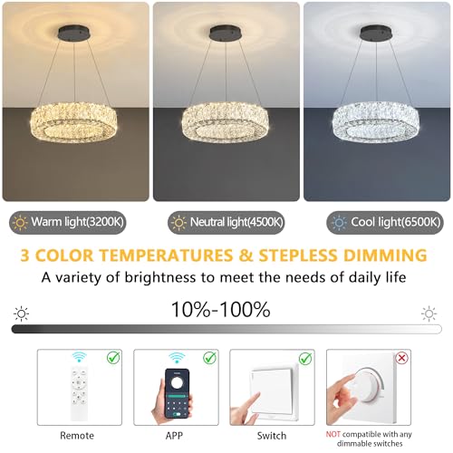Modern Chandelier for Dining Room Dimmable LED Pendant Lights for Kitchen Island Lighting Black Ring Crystal Chandeliers for Bedroom Entrance Living Room