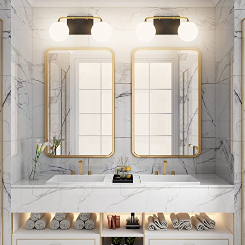 2 Lights Mid Century Vintage Bathroom Vanity Light Fixtures Over Mirror Black Gold Industrial Vanity Lights with Milk White Glass Globe Farmhouse Bath Lighting