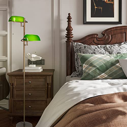 Green Glass Bankers Floor Lamp Classic Vintage Standing Lamp with Pull Chain Switch Adjustable Arm Reading Floor Light for Bedroom Headboard Workplace Office Piano Style Lamp