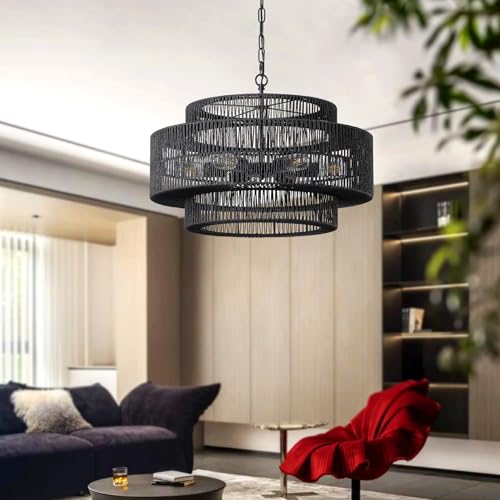 23.6" Black Large Boho Rattan Chandelier Light Fixture