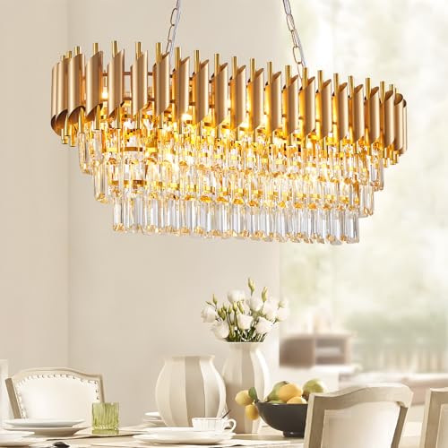 Modern Rectangular Chandelier Gold Crystal Chandeliers for Dining Room