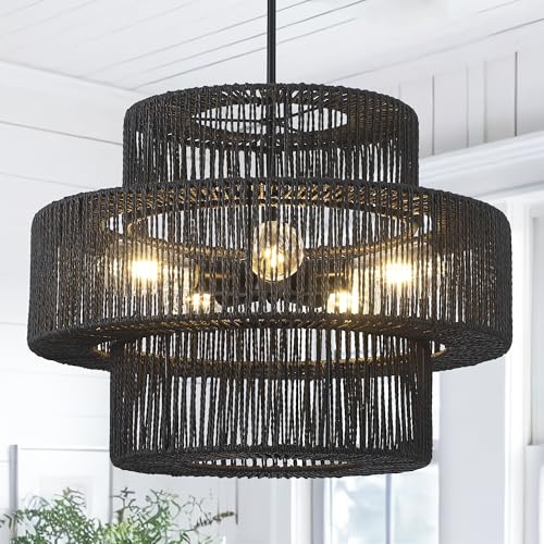 22" Black Boho Rattan Chandelier Light Fixture Hand Woven Farmhouse Pendant Lighting Rustic Boho Chandeliers for Dining Room Living Room Hallway Foyer 5 Lights