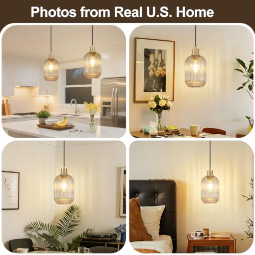 2 Pack Pendant Lights with Vintage Amber Ribbed Glass Lampshade (2 Count)