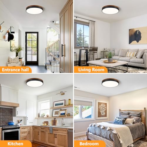 Modern Walnut Wood Black Flush Mount Ceiling Light 15.74 Inch