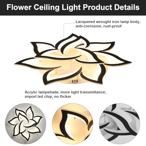 31.5" Black Flower Shaped Ceiling Light 10 Petals Dimmable Modern Ceiling Lamp Remote Control LED Lighting Fixture for Living Room Bedroom Dining Room
