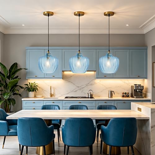 Blue Glass Pendant Lights Kitchen Island Gold Hanging Ceiling Light 9.45"
