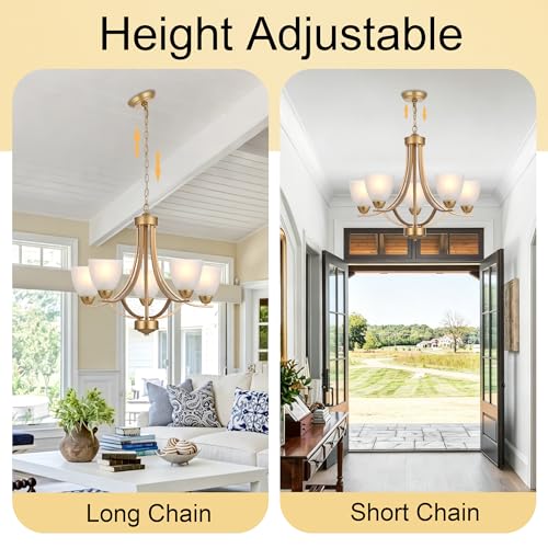 Modern Chandelier 5 Light Mid Century Alabaster Glass Classic Hanging Chandeliers in Gold Finish Pendant Light Fixtures for Dining Room