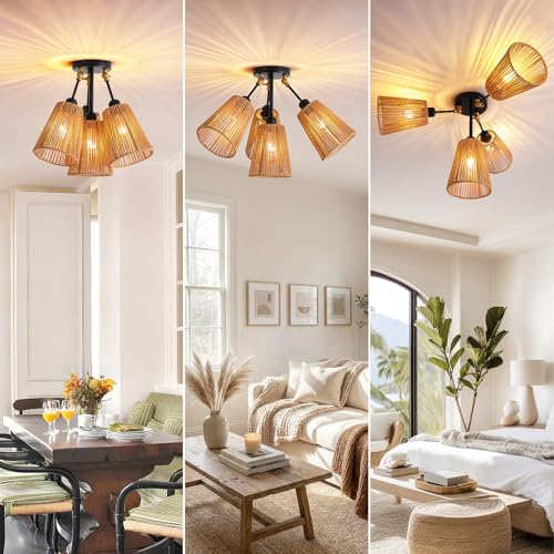 4 Light Rattan Boho Ceiling Light Adjustable Arms Farmhouse Fixture (1 Pack 4-Light)