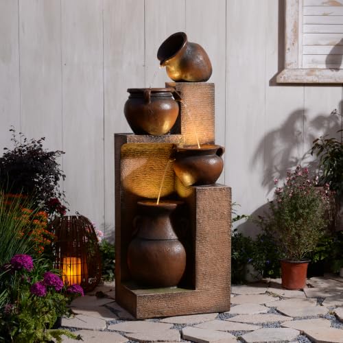 50H Water Fountain Outdoor with 5Tiers Modern Cascading Jar and Stacked Water Fountain with LED Lights for Patio