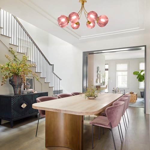 8 Light Sputnik Pink Chandelier Vintage Flush Mount Ceiling Light with Globe Glass Pendant Lights Gold Chandeliers for Dining Room Bedroom Living Room