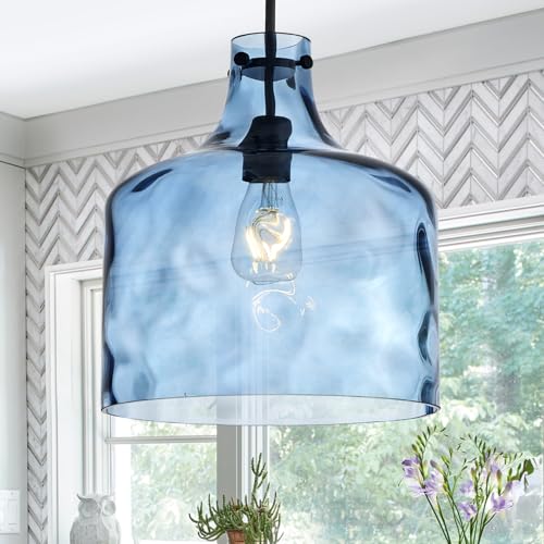 16" Farmhouse Blue Hammered Glass Pendant Light