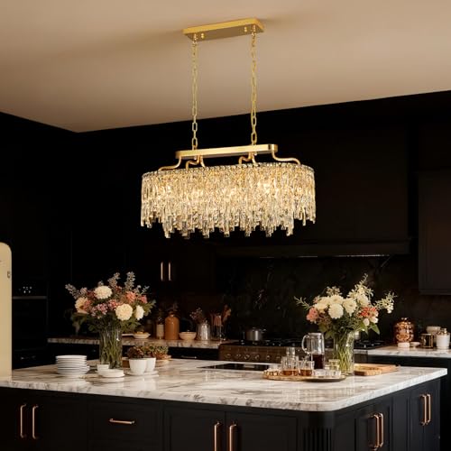 32" 10 Light Modern Oval Gold Crystal Chandeliers for Dining Room