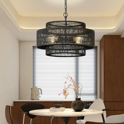 17.7" Black Large Boho Rattan Chandeliers for Dining Room