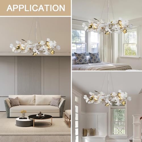 L31.5 Inch Branch Chandelier Ceramic Ginkgo Leaf Chandeliers Brass Hanging Lights Fixtures for Dining Room Living Room Kitchen Island