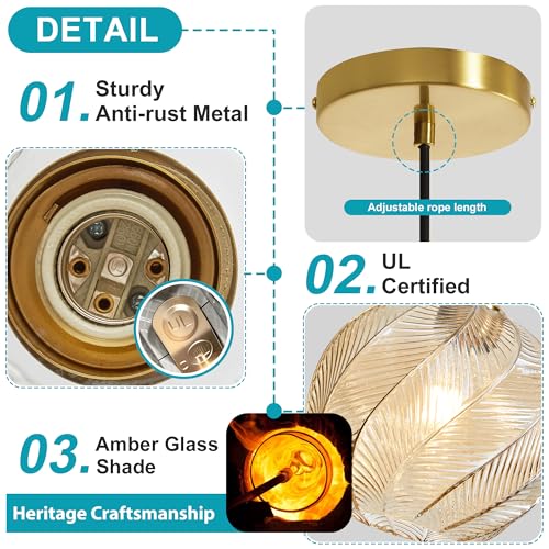 Amber Glass Pendant Lights Kitchen Island Gold Hanging Ceiling Light 9.84"