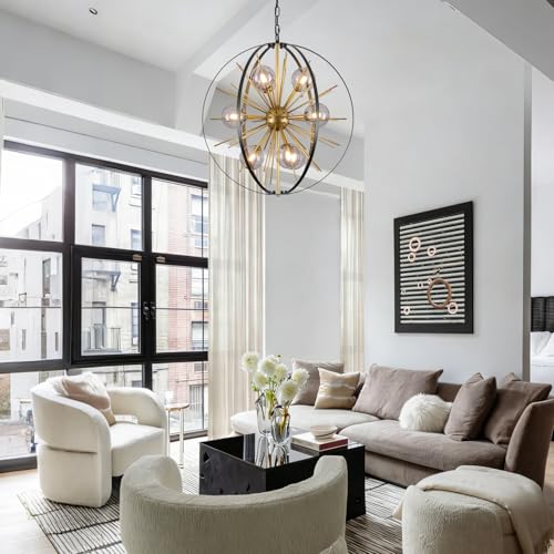 24" 9 Light Black Gold Sputnik Chandeliers with Smoke Glass Shade