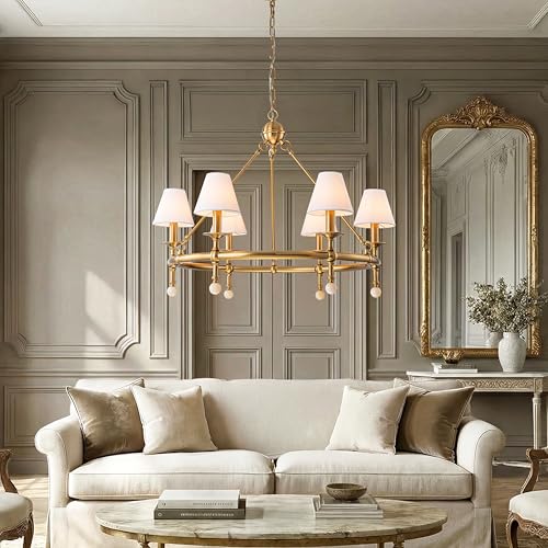 6 Light W34 Inch Warm Brass Statement Chandelier with White Pleated Fabric Shades and Alabaster Finials Large Round Designer Lighting for Dining Room Living Room