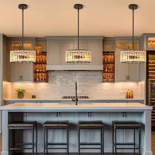 Black 3 Light Crystal Chandelier, Modern Dining Room Light Fixture over Table, Round Kitchen Lighting Fixture, Farmhouse Semi Flush Mount Ceiling Pendant Light for Living Room Bedroom Hallway Entryway