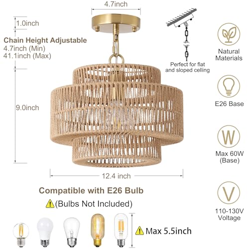 12.4" Boho Rattan Farmhouse Chandeliers for Dining Room