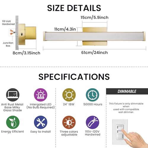 Modern LED Bathroom Vanity Light 24 inch 18W Dimmable 3CCT Bathroom Light Fixture Over Mirror Rectangle Bath Vanity Light Bar with Double Layer Acrylic Shade (24 inch(es))