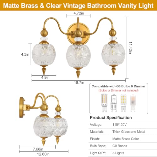 Vintage 3 Light Bathroom Vanity Light Over Mirror (Antique Gold & Clear / 3-Light)