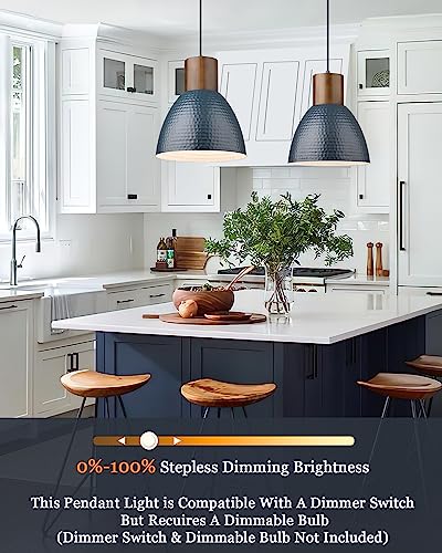 2 Pack Modern Hammered Pendant Lights 10.2” Blue Solid Wood Hanging Lamp (2 Count)