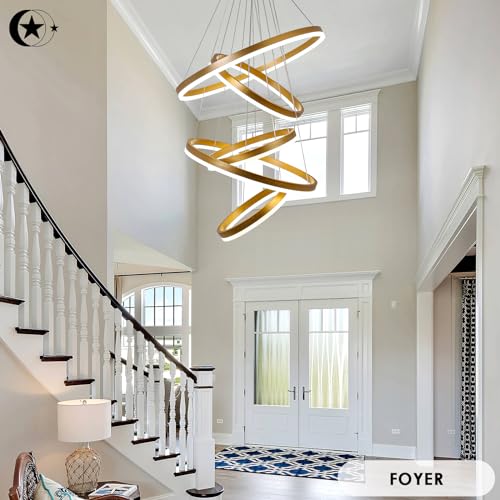 5 Rings Modern LED Chandelier Gold Dimmable High Ceiling Chandelier for Dining Room with Remote Control for Foyer Living Room Entryway Staircase