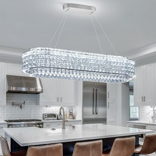 L40 x W12 Modern Chandeliers for Dining Room LED Dimmable Pendant Lighting Ceiling Chandelier Crystal Rectangle Light Fixtures Silver