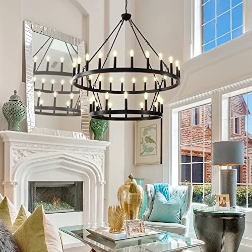 Yikrfiae 2 Tier Black Large Wagon Wheel Chandelier