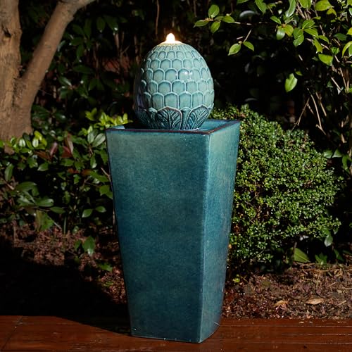35.75" H Tall Ceramic Outdoor Water Fountain with LED Light Oversized Artichoke Pedestal Fountains with Submersible Pump Patio Fountain Waterfall for Garden Patio Deck Porch