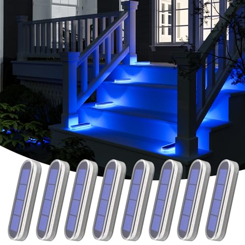 Blue Solar Lights for Outside Stick on Boat Dock Step Driveway Strip Lights Solar Powered Outdoor Waterproof Deck Stairs Post Ground Pathway Walkway Accessories Auto ON (8 Count)