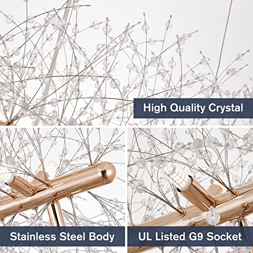 CM MZY 12-Light Crystal Firework Chandelier, Modern Dining Room Lighting Fixture, Gold Metal Finish