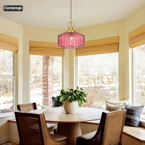 11.8in Mid Century Modern Pendant Light Gold Large Wine Red Glass