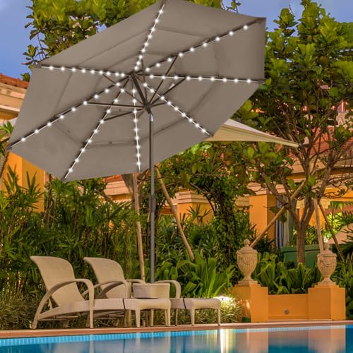 USA 10-Year-Non-Fading 9ft 3-Tier Market Patio Umbrella, Commercial Table Umbrella with 80 Solar LED Lights, Crank Open, Windproof & UPF 50+ UV Protection for Garden, Deck, Pool, Backyard, Mushroom