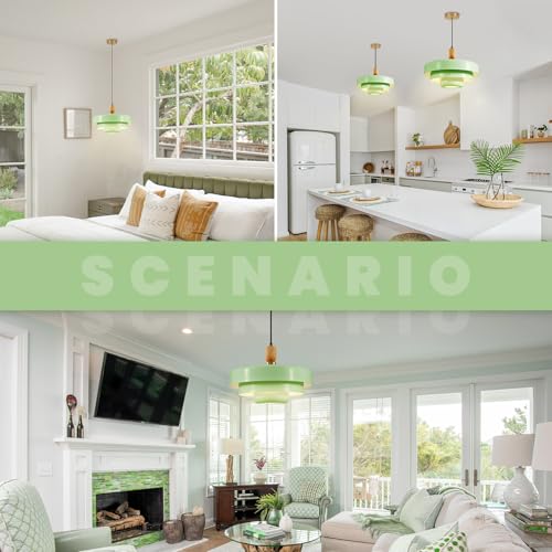Mint Green Pendant Light with Solid Wood Adjustable Hanging Light