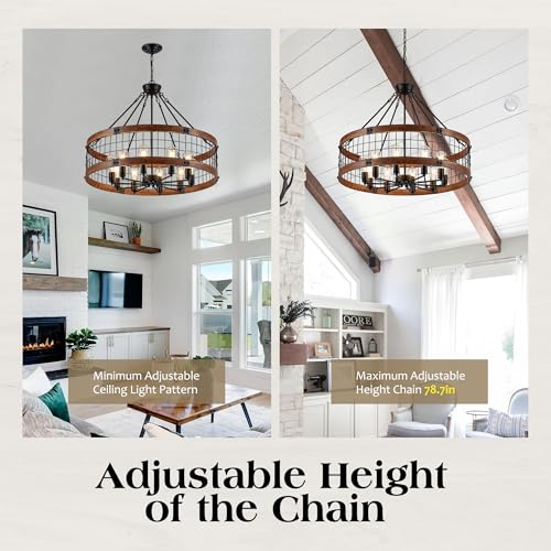 10 Light Farmhouse Drum Wood Pendant Light