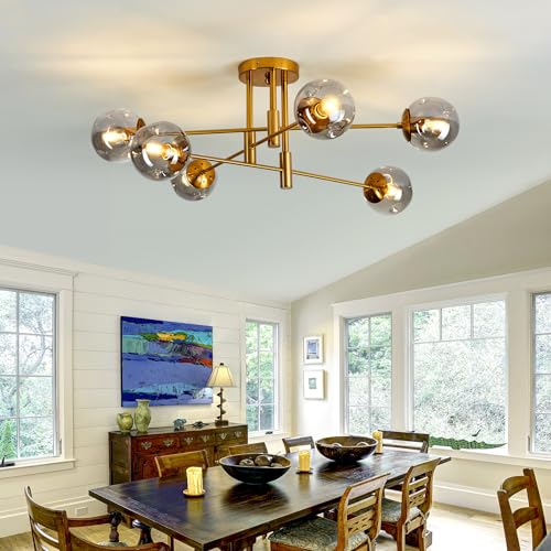 6 Lights Glass Globe Chandelier Modern Flush Mount Ceiling Light Fixture Gold Farmhouse Lighting for Dining Room Living Room Bedroom Kitchen Passageway
