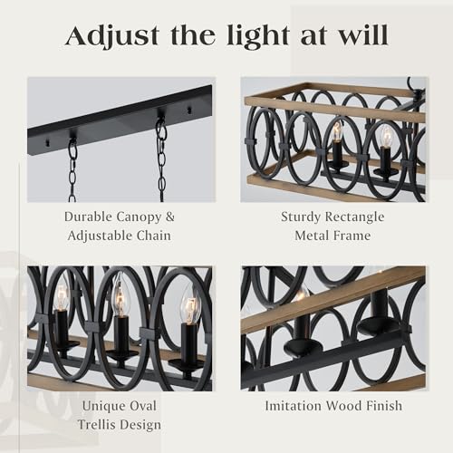 L39.4 Rustic Farmhouse Rectangle Chandelier for Dining Room Kitchen Island Lights Cage Pendant Light Fixture Black and Brown Metal Hanging Lighting Retro Vintage Linear Chandeliers 6