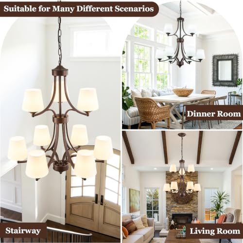 2 Tier Oil Rubbed Bronze Chandeliers 9 Light Large Modern Farmhouse Chandeliers for Dining Room Lights Fixture with Frosted Glass 47" Retro Chandeliers for Living Room Staircase