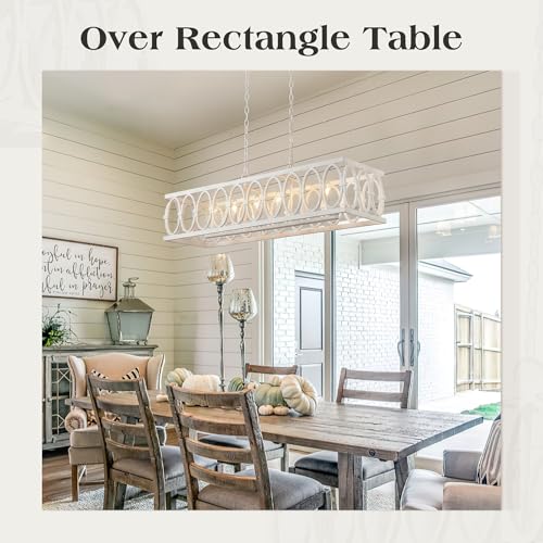 L39.4 Rustic Farmhouse Rectangle Chandelier for Dining Room Kitchen Island Lights Cage Pendant Ceiling Light Fixture Distressed Metal Hanging Lighting Retro Vintage Linear Chandeliers 6 (6 Count)