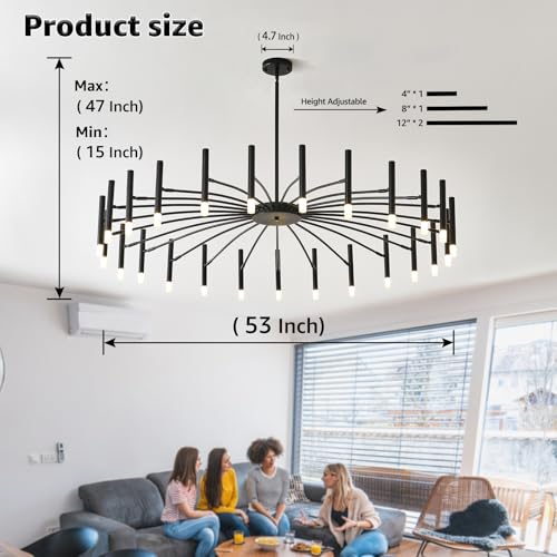 25 Light Modern LED Chandelier 53" Large Black Farmhouse Chandelier