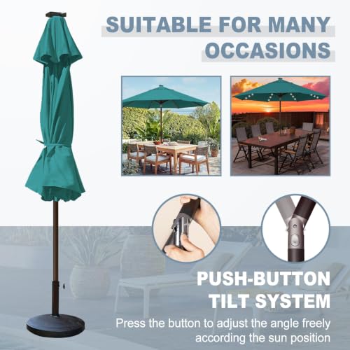 USA 10-Year-Non-Fading 10ft Market Patio Umbrella, Commercial Grade Table Sun Umbrella with 80 Solar LED Lights, Crank Open, Windproof & UPF 50+ UV Protection for Garden, Deck, Pool, Backyard, Teal