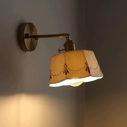Japanese Style Glazed Ceramics Wall Sconce Adjustable Brass Bedside Wall Lamp with Rotary Switch, Wabi Sabi White Ceramic Wall Sconces Gold Home Decor Lighting Fixture for Bedroom Cafe