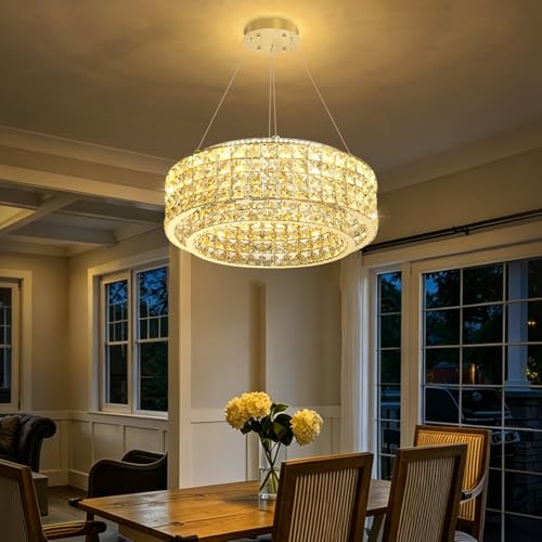 LED Chandeliers for Dining Room LED Dimmable Pendant Lights for Kitchen Island Crystal Adjustable Chandelier for Bedroom Hallway Entrance 20" Silver Light