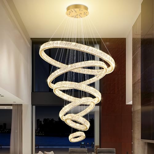 Extra Large Ring Chandelier Modern LED Gold 6 Ring Chandelier for High Ceiling Long Stair Crystal Chandeliers D8+15.7"+23.6"+31.5"+39.4"+47.5"