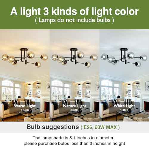 6-Lights Glass Globe Sputnik Chandelier Modern Flush Mount Ceiling Light Fixture Black Farmhouse Lighting for Dining Room Living Room Bedroom Kitchen Passageway.